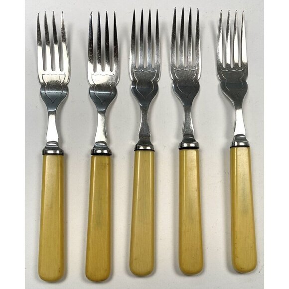 VTG 8pc Flatware Lot WES EPNS Silverplate Bakelite 5 Forks 3 Knives +Extra FLAWS - Picture 2 of 7